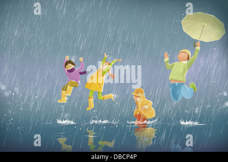 Illustrazione dei bambini godendo in Rain Foto Stock