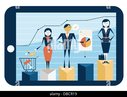 Immagine illustrativa di persone sul grafico a barre nella tavoletta digitale che rappresenta lo shopping online business Foto Stock