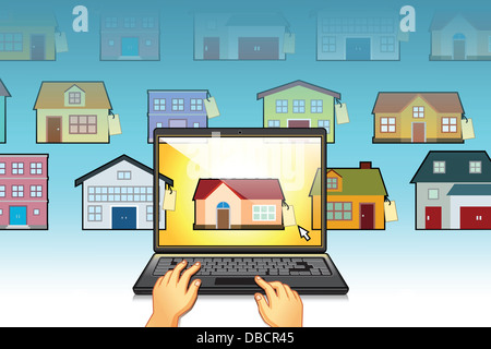 Illustrazione delle mani con notebook con il modello di casa sullo schermo in rappresentanza di casa online la caccia Foto Stock