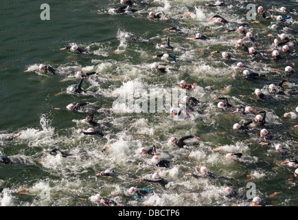 I concorrenti effettuano uno splash come essi impostato su off su un 1500km di nuoto nel maschio Olympic sub al 2013 Virgin Active Triathlon di Londra. Foto Stock