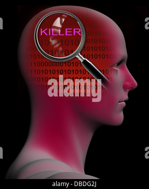 Profilo di un uomo con close up della lente di ingrandimento sul killer realizzato nel software 3D Foto Stock