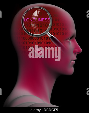 Profilo di un uomo con close up della lente di ingrandimento sul LONILENESS realizzato nel software 3D Foto Stock