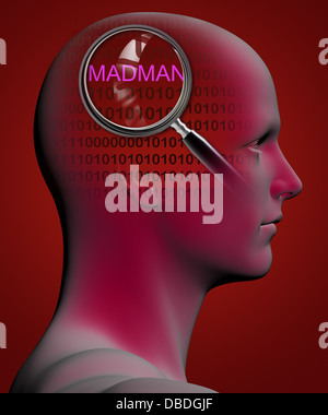 Profilo di un uomo con close up della lente di ingrandimento sul pazzo realizzato nel software 3D Foto Stock