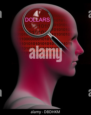 Profilo di un uomo con close up lente di ingrandimento in dollari realizzato nel software 3D Foto Stock