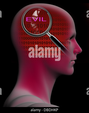 Profilo di un uomo con close up della lente di ingrandimento sul male realizzato nel software 3D Foto Stock