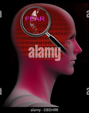 Profilo di un uomo con close up di lente di ingrandimento sulla paura realizzato nel software 3D Foto Stock