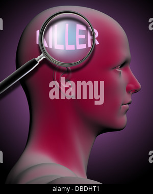 Profilo di un uomo con close up della lente di ingrandimento sul killer realizzato nel software 3D Foto Stock