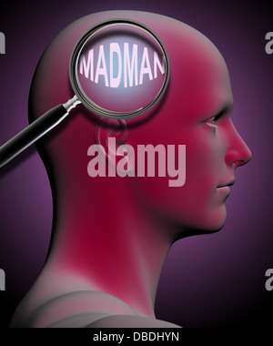 Profilo di un uomo con close up della lente di ingrandimento sul pazzo realizzato nel software 3D Foto Stock