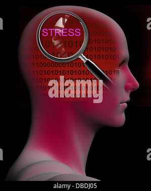 Profilo di un uomo con close up lente di ingrandimento sullo stress realizzato nel software 3D Foto Stock