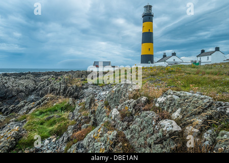 St John's Point Lighthouse nella contea di Down Irlanda del Nord mostrato contro la tempesta nuvole grigio con acque costiere formazione di roccia in f Foto Stock