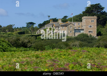 Guardando attraverso bracken verso Tresco Abbey, Tresco Abbey giardino, Tresco, isole Scilly, Inghilterra Foto Stock