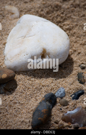 Il bianco e il nero delle pietre su una sabbiosa spiaggia ghiaiosa Foto Stock