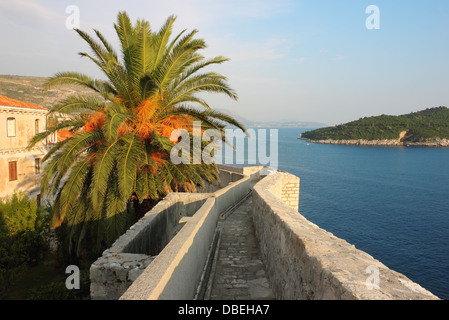 A piedi intorno a Fortezza di Dubrovnik, a parete con una vista verso l'isola di Lokrum nella calda luce del tramonto. Foto Stock