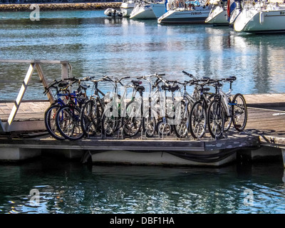 Spingere le bici allineate su un pontone Foto Stock