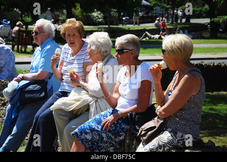 I pensionati sulle rive del Fiume Windrush a Bourton sull'acqua Gloucestershire England Regno Unito Foto Stock