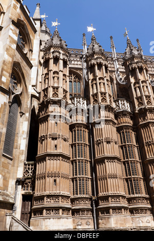 Close-up che mostra i dettagli Architecturel di Enrico VII cappella dedicata alla Vergine, l'Abbazia di Westminster, Londra Foto Stock