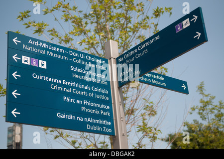 Cartello stradale che indica le direzioni in due lingue - in gaelico e inglese, Dublin, Repubblica di Irlanda. Foto Stock