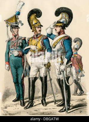 Bavarian ufficiali militari, primi 1800s: lancer, guardia e corps officer (sinistra-destra). Colorate a mano la stampa Foto Stock