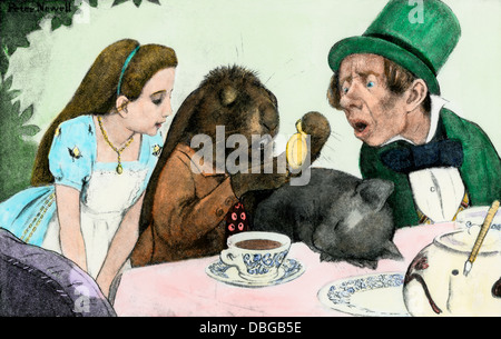 Il Mad Hatter's tea-party, da Alice nel Paese delle Meraviglie. Colorate a mano riproduzione dei mezzitoni di illustrazione. Foto Stock