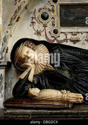 Monumento a Elizabeth Williams morto nel parto all'età di 17 (1622). Il suo bambino è sdraiato sul cuscino accanto a lei. La cattedrale di Gloucester, Foto Stock