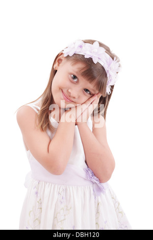 Felice sorridente bambina su sfondo bianco in studio Foto Stock