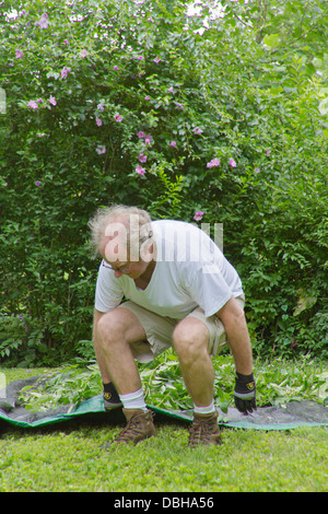 Uomo di mezza età di piegarsi per tirare un telo pieno di ritagli yardwork Foto Stock