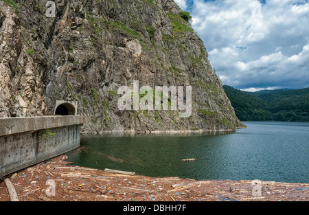 Paesaggio con la diga di Vidraru Lago in montagna Fagaras in Romania Foto Stock