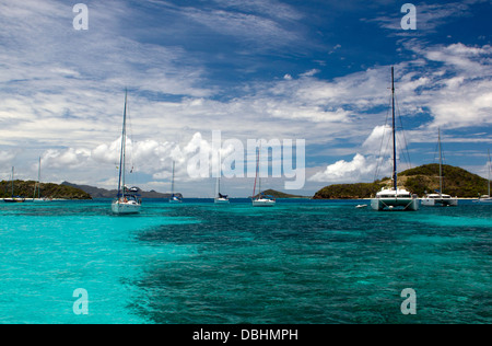 Yacht ormeggiati su un turchese Oceano Caraibico in Tobago Cays Marine Park, Saint Vincent e Grenadine. Foto Stock