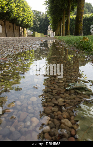 Un basso vista prospettica lungo uno dei sentieri di ghiaia al Château de Villandry Foto Stock