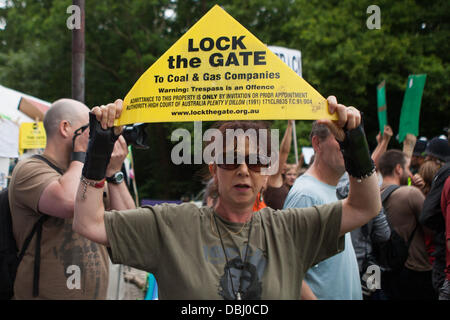 Balcombe, West Sussex, Regno Unito. 31 Luglio, 2013. La donna trattiene aloft bloccare la targhetta di gate. Protesta contro Cuadrilla drilling & fracking appena fuori dal villaggio di Balcombe nel West Sussex. Balcombe, West Sussex, Regno Unito. Credito: martyn wheatley/Alamy Live News Foto Stock