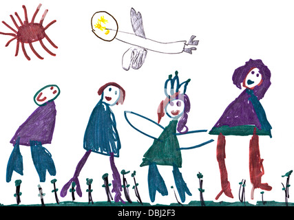 Childs disegno - famiglia felice con il padre, madre e figlia di due e angelo custode Foto Stock