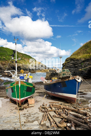 Coloratissime barche di pescatori sulla spiaggia a Portloe un piccolo villaggio di pescatori sulla costa meridionale della Cornovaglia Foto Stock