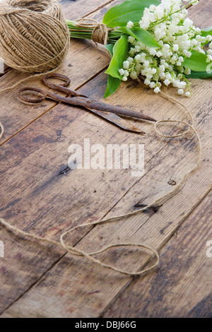 Bouquet di fiori di primavera lilys della valle con il vecchio arrugginito forbici di antiquariato e la sfera di spago marrone Foto Stock