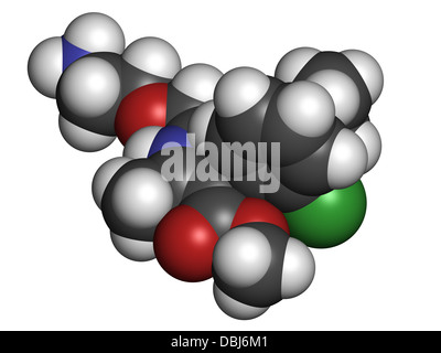 Amlodipina ipertensione (alta pressione sanguigna) farmaco, struttura chimica. Gli atomi sono rappresentati come sfere Foto Stock