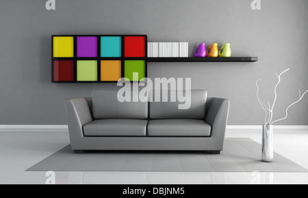 In pelle grigia lettino e armadio colorati in modo minimalista soggiorno - il rendering Foto Stock