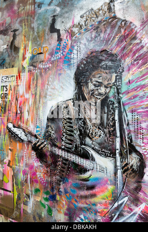 Jimi Hendrix graffiti in Hanbury Street, Brick Lane, London, England, Regno Unito Foto Stock