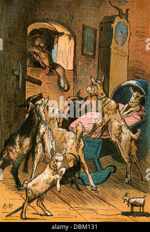 Lupo e sette piccole capre, da un edizione di Berlino di Grimms' Favole, 1865. Piastra di colore Foto Stock