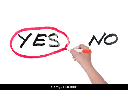 Scegliendo Sì e no concetto, la scrittura a mano su una lavagna bianca Foto Stock