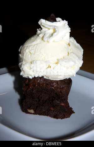 Cotta al cioccolato brownie scoop gelato alla vaniglia panna montata topping dessert Foto Stock