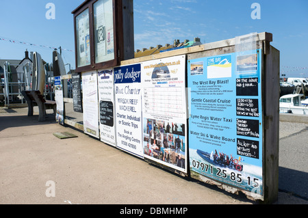Cartelli e poster pubblicità la pesca e gite di piacere a West Bay Harbour Dorset Regno Unito Foto Stock