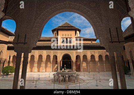 I Lions cortile, l'Alhambra di Granada, regione dell'Andalusia, Spagna, Europa Foto Stock