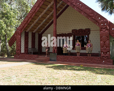 trattato dh Waitangi per la base DELLA BAIA delle Isole NUOVA ZELANDA NZ Tradizionale Maoris saluto Whare Runanga Maori riunione casa sculture cultura persone Foto Stock