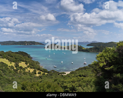 dh Urupukapuka Isola BAIA delle Isole NUOVA ZELANDA punto di vista barche a vela Barche a vela Barche a vela barche da crociera ancoraggio baia costa isola vista nord isola Foto Stock