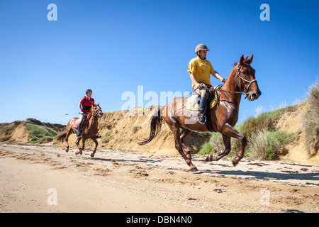 Coppia sulla spiaggia di sabbia a cavallo, Croazia, Dalmazia, Europa Foto Stock