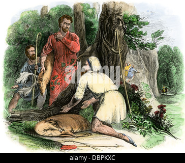 Robin Hood's companion Scarlet ha fatto uccidere un buck. Colorate a mano la xilografia Foto Stock