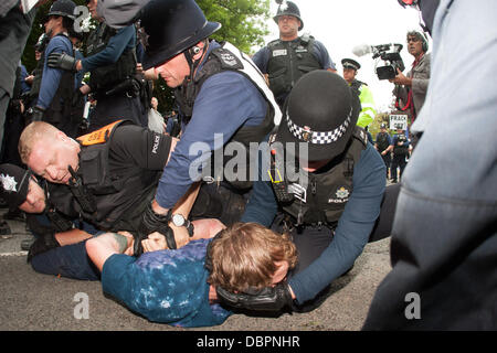 Balcombe, West Sussex, Regno Unito. Il 2 agosto, 2013. Gli ufficiali di polizia trattenere protester come manifestanti tentano di bloccare l'accesso al sito di perforazione. Protesta contro Cuadrilla drilling & fracking appena fuori dal villaggio di Balcombe nel West Sussex. Balcombe, West Sussex, Regno Unito, 2 agosto 2013. Credito: martyn wheatley/Alamy Live News Foto Stock