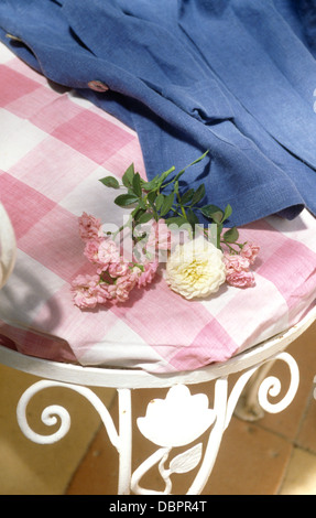 Close-up di denim blu con camicia e rosa cuscino controllato su bianco ferro battuto sedia Foto Stock