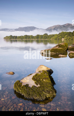 Il Rising Sun bagna un gruppo di moss rocce coperte in una calda luce mentre un banco di nebbia rotoli attraverso la superficie di Ullswater. Foto Stock