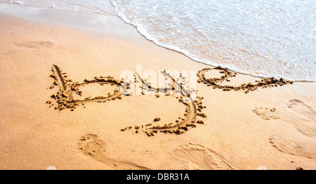 Bye scritto nella sabbia sulla spiaggia Foto Stock