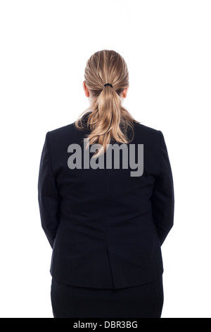 Vista posteriore del business donna in tuta, isolati su sfondo bianco. Foto Stock